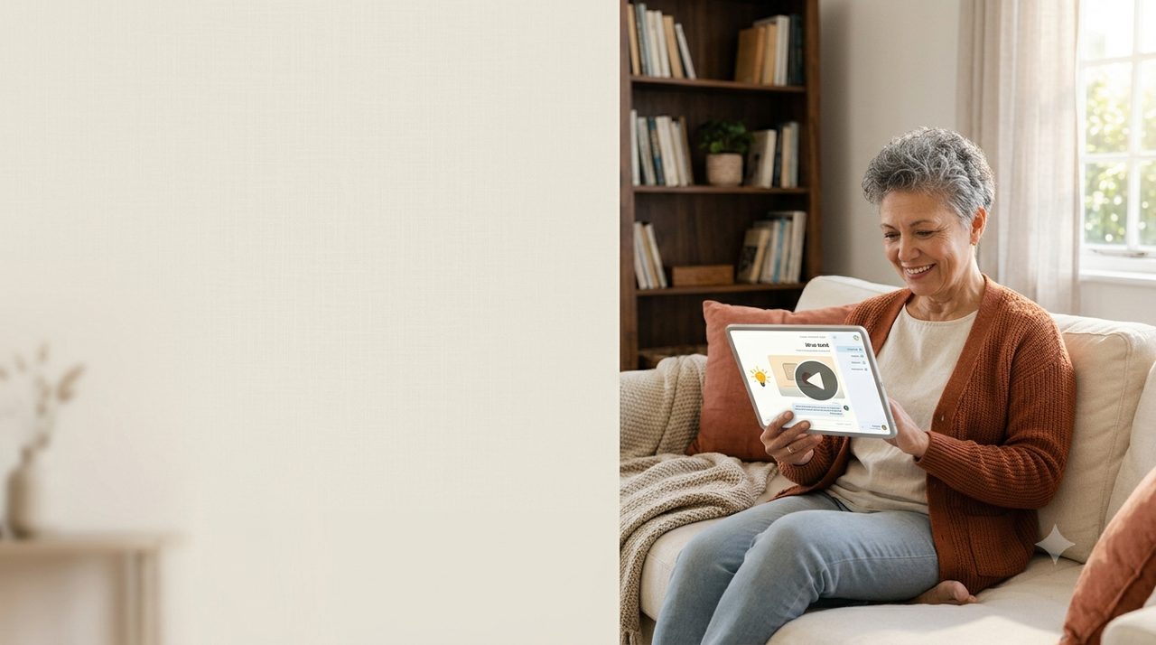 Eine Frau lernt in Ruhe am Tablet auf dem Sofa, eine kurze Lektion auf dem Bildschirm